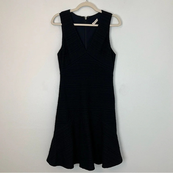Rebecca Taylor V Neck Textured Stripe Dress Black 4 Classic LBD Occasion Chic - Picture 4 of 7